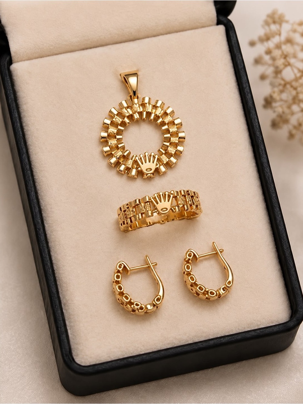 Gold-Tone Crown Motif Pendant, Ring & Hoop Earrings Set